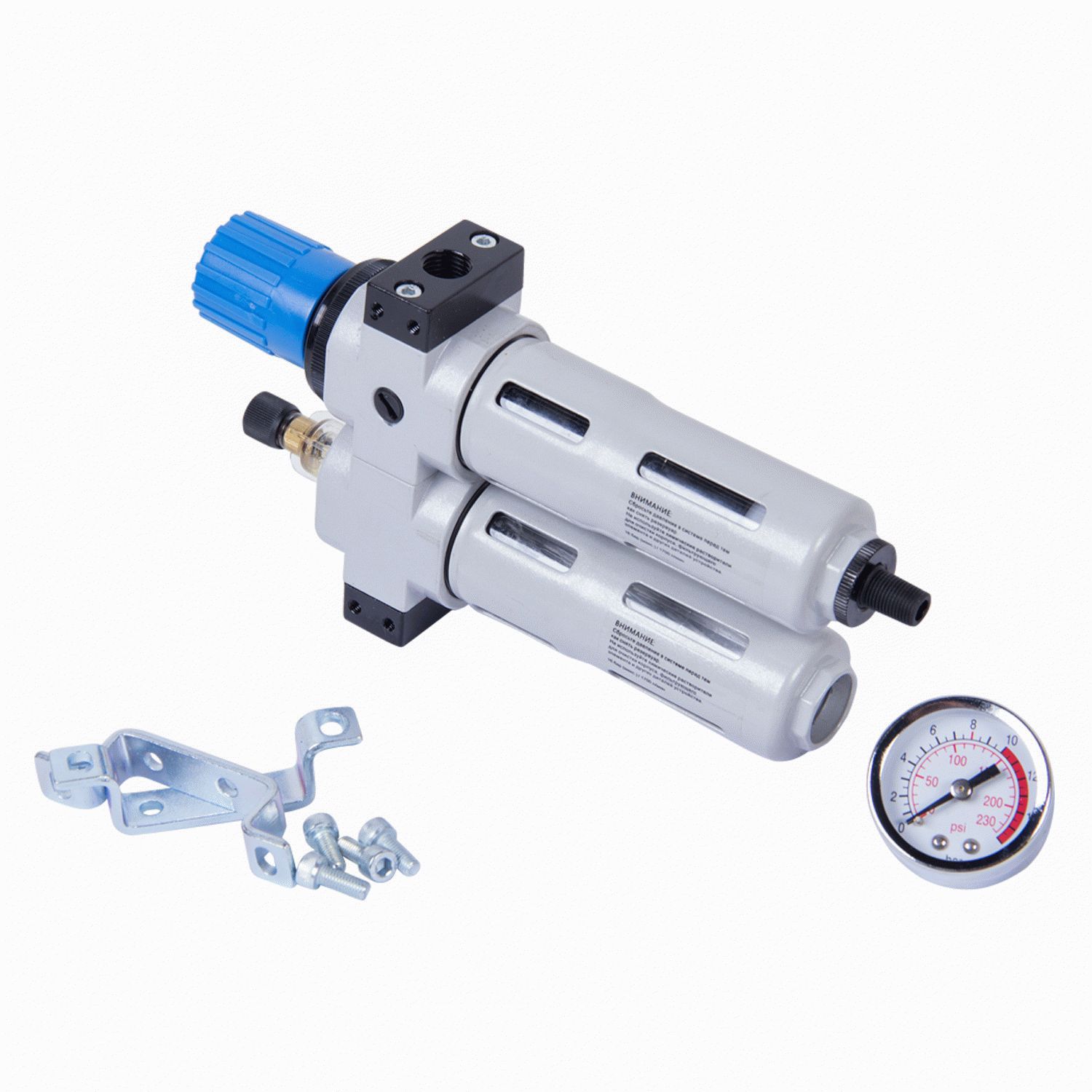 Фильтр влагоотделитель с редуктором и лубрикатор 1/4", с манометром МАСТАК 690-21