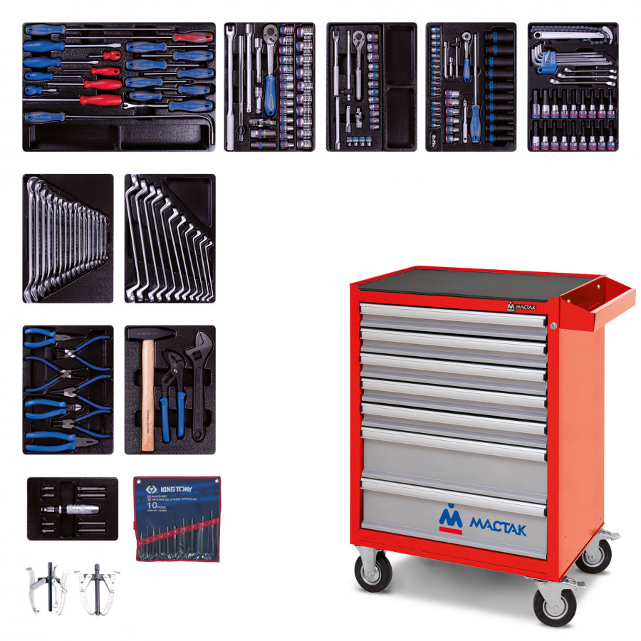 Набор инструментов "BASTION" в красной тележке, 204 предмета KING TONY 934-100AMR
