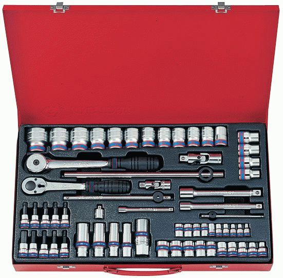 Набор торцевых головок с принадлежностями 1/4", 3/8", 1/2", шестигранные, 4-32 мм, 62 предмета KING TONY 9563MR01