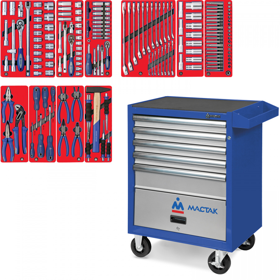 Набор инструментов "СТАНДАРТ" в синей тележке, 186 предметов МАСТАК 52-05186B
