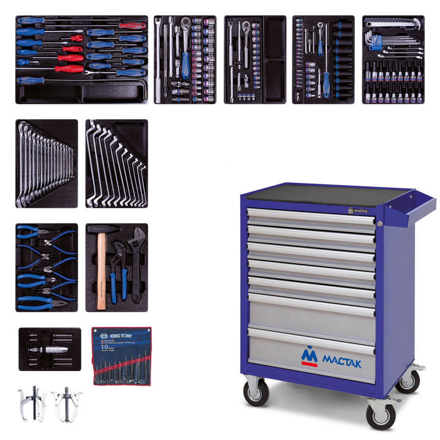 Набор инструментов "BASTION" в синей тележке, 204 предмета KING TONY 934-100AMB