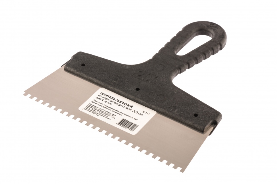 Шпатель из нержавеющей стали, 200 мм, зуб 4 х 4 мм, пластмассовая ручка Россия